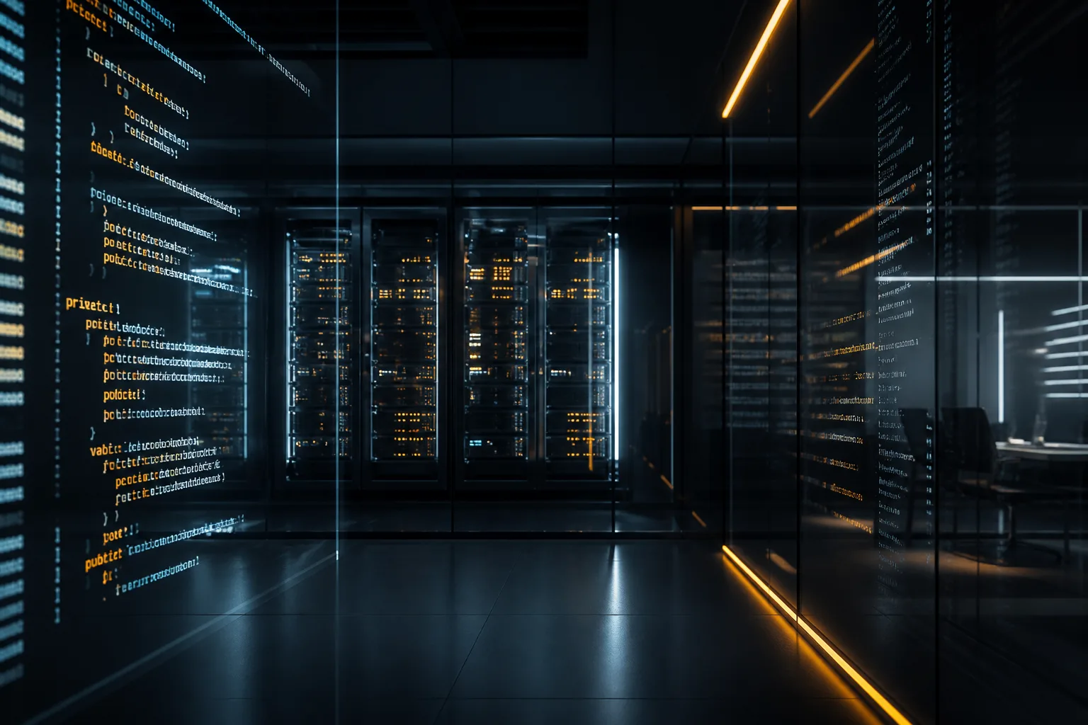 Custom software architecture in a dark glass server room