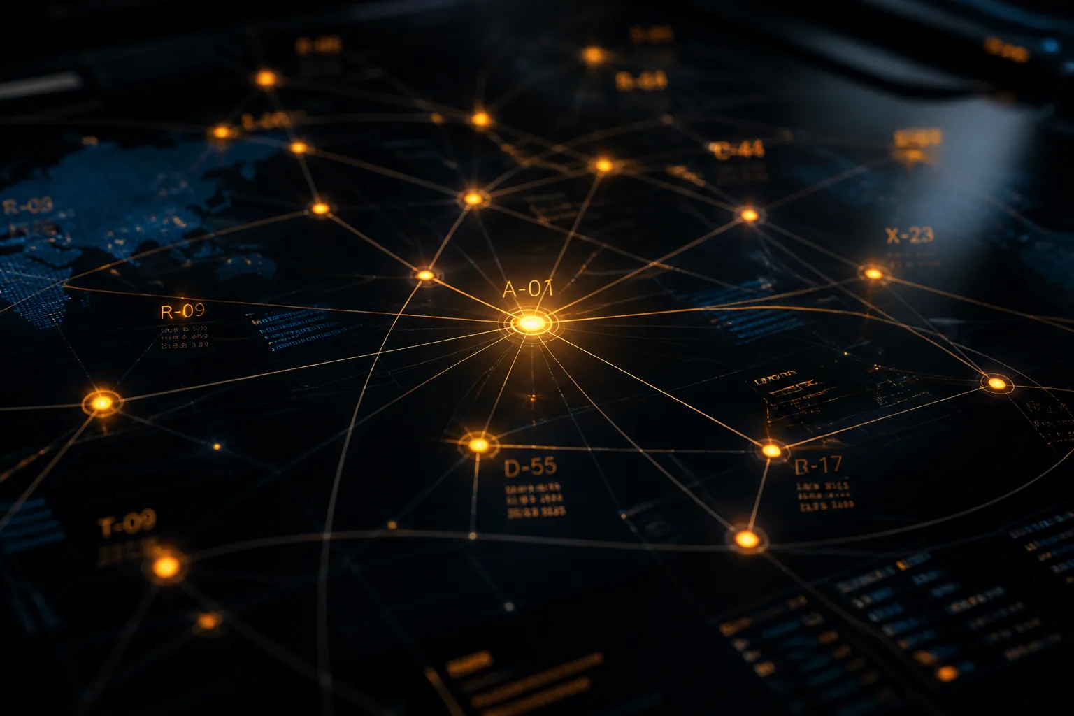 Glowing data network on dark glass